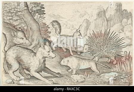 Wildschwein, Fuchs, Biber, Stachelschwein und Frösche, Nicolaes de Bruyn, 1594. Neuerfundene durch Gibon. Klassische Kunst mit einem modernen Neuerfundene Stockfoto