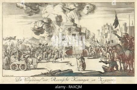 Römische Soldaten am Lagerfeuer, wo ein Adler erhebt sich aus den Flammen, Jan Luyken, 1686. Neuerfundene durch Gibon. Klassische neuerfundene Stockfoto