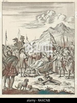 Fulko V, Graf von Anjou, König von Jerusalem, der König stirbt, liegend auf einer Bahre, Jan Luyken, Timotheus zehn Hoorn, 1683 überarbeitet Stockfoto