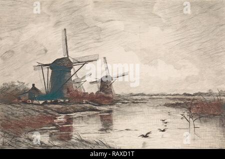 Landschaft mit drei Windmühlen entlang eines Kanals, Elias Stark, 1887. Neuerfundene durch Gibon. Klassische Kunst mit einem modernen Touch neuerfundene Stockfoto