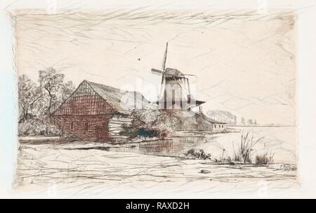 Scheune und Windmühle auf dem Wasser, Elias Stark, 1887. Neuerfundene durch Gibon. Klassische Kunst mit einem modernen Touch neuerfundene Stockfoto