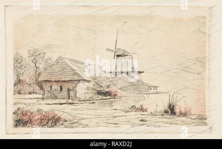Scheune und Windmühle auf dem Wasser, Elias Stark, 1887. Neuerfundene durch Gibon. Klassische Kunst mit einem modernen Touch neuerfundene Stockfoto