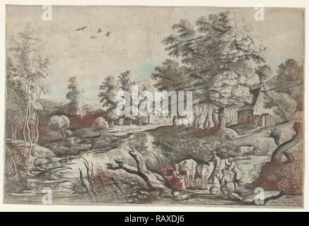 Bauern und Rinder von einem Bach, Lucas van Uden, Peter Paul Rubens, Frans van den Wijngaerde, 1605 - 1673. Neuerfundene Stockfoto