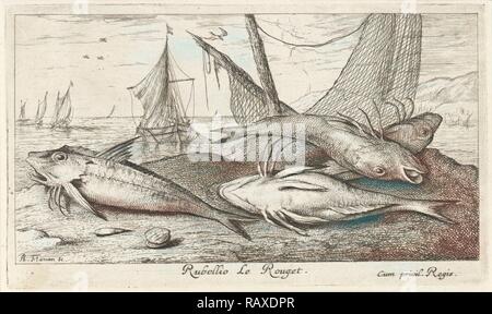 Vier Fische am Strand, Albert Flamen, 1664. Neuerfundene durch Gibon. Klassische Kunst mit einem modernen Touch neuerfundene Stockfoto