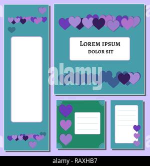 Violett und Lila Herz banner Vorlage. Für Deckel, Plakatgestaltung, Printmedien, Flyer. Dekoration Magazine, Broschüren, Web auf grünem Hintergrund. Vector Illustration Stock Vektor