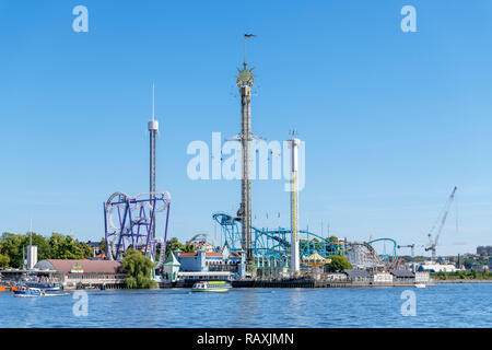 Freizeitpark Gröna Lund von Skeppsholmen, Djurgården, Stockholm, Schweden gesehen Stockfoto