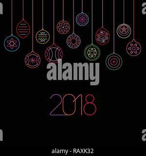 Neon Farben auf schwarzem Hintergrund Weihnachten Kugeln Vector Illustration. Verschiedene Weihnachtsschmuck und 2018 text Design. Stock Vektor