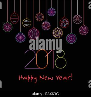 Neon Farben auf einem schwarzen Hintergrund ein Frohes Neues Jahr 2018 vector Template Design. Verschiedene Weihnachtskugeln und Text Design. Stock Vektor