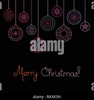 Neon Farben auf schwarzem Hintergrund Frohe Weihnachten Vector Illustration. Zehn verschiedene Weihnachtsschmuck und Frohe Weihnachten Text. Einladung Vektor p Stock Vektor
