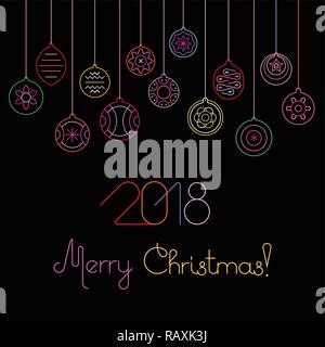 Neon Farben auf schwarzem Hintergrund Weihnachten Kugeln Vector Illustration. Neue Jahr Dekorationen und Frohe Weihnachten und 2018 text Design. Stock Vektor