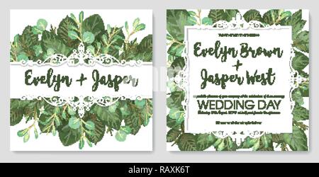 Satz von Vektorgrafiken von niedlichen Vintage lacy Frames mit Sommer Laub und Zweige und Blätter von Eukalyptus. Für eine Hochzeitseinladung, Gruß Auto Stock Vektor