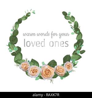 Aquarell Blumen Illustration - Kranz mit hellen Creme lebendige Rosen Blumen, grünen Eukalyptus Blätter, für Hochzeit stationäre, Grüße, Hintergrundbilder, Stock Vektor