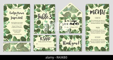 Grüne Hochzeit Menü, Informationen, Label, Tisch, Umschlag und Ort card Design mit Wachs Blumen, Eukalyptus Zweige, Rosen Blätter. Vektor te Stock Vektor
