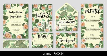 Hochzeit Menü, Informationen, Label, Tabelle Nr. und Ort card Design mit eleganten cremefarbenen Garten Rose, wachs Blumen eukalyptus Zweige, Blätter. Vektor t Stock Vektor