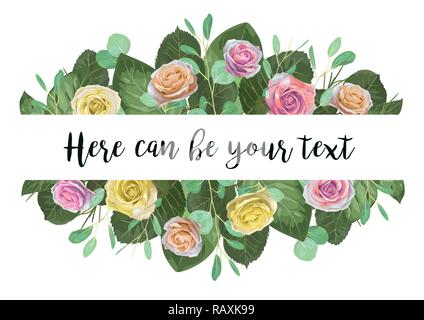 Blume Illustration, Einladung Hochzeit, Grußkarte, Banner, Werbung. Mehrfarbige English Rose mit Blättern und Zweigen von Eukalyptus isoliert Stock Vektor