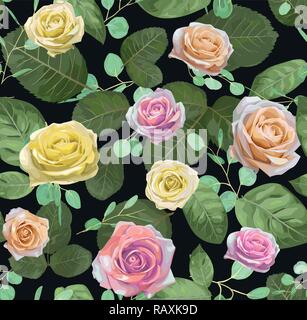 Luxus floral Vektor Aquarell Hintergrund mit farbigen Rosen und Zweige von Eukalyptus. Für Hochzeit, Einladungen, Postkarten, Muttertag, Geburtstag, Wal Stock Vektor