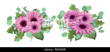 Vektor blumiges Bouquet, Zusammenstellung für die hochzeit einladung, Grußkarte, Design, Banner, romantische Grußkarte. Rosa Gerbera Blumen mit eucaly Stock Vektor