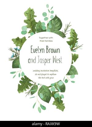 Vektor aquarell Muster runden Rahmen von Laub für Hochzeit, Einladungen, Postkarten, Werbung, Tapeten, Vertrieb, Etiketten. Grüne Rose verlässt, eucalyp Stock Vektor