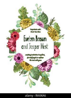 Cute florale Muster, Einladung Hochzeit, Grußkarte, Aufkleber, Flyer, Datum speichern. Geometrische sechseckige Rahmen mit einem Blumenstrauß aus Gerbera und farbigen euca Stock Vektor