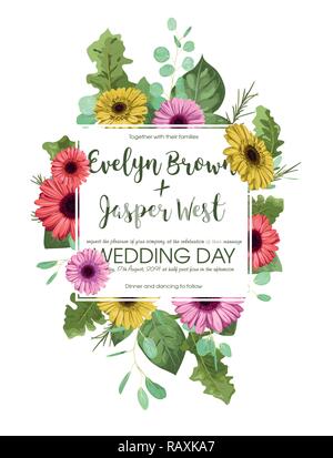 Floral Vorlage einladung hochzeit, Postkarte, Aufkleber, Flyer, Datum speichern. Einen quadratischen Rahmen mit Blumensträußen farbige Gerbera und Eukalyptus lea Stock Vektor