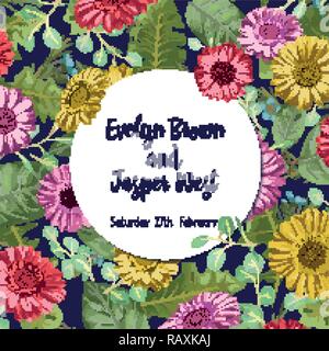 Sommer vektor Aquarell farbige Gerbera, wachs Blumen und Eukalyptus Niederlassungen mit einem runden Rahmen. Für Hochzeitseinladungen, Fahnen, Postkarten, Etiketten Stock Vektor