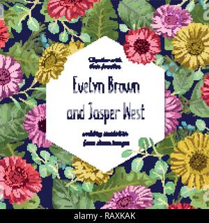 Sechseckige Rahmen für Hochzeit Einladung, Postkarte, Aufkleber, Zertifikat, Flyer, Präsentation. Vielfarbigen Gerbera Blumen und Zweige von Eukalyptus und Stock Vektor