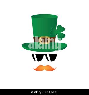 Leprechaun Charakter Gesicht roten Bart und Hut mit Klee und Sonnenbrille auf weißem Hintergrund Vektor-illustration EPS 10. Stock Vektor