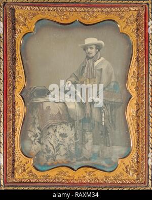[Porträt eines Mannes mit einem Sattel], Unbekannten, amerikanischen, 1850 - 1854, Daguerreotypie, von Hand gefärbt, 1/2 Platte neuerfundene Stockfoto