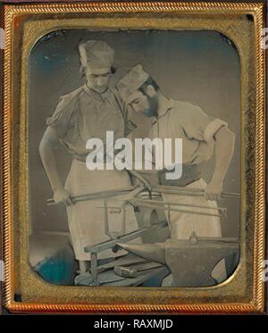 [Porträt von zwei Metallarbeiter], Unbekannten, amerikanischen, 1855, Daguerreotypie, 1/6 Platte in Mascher Lupe Fall neuerfundene Stockfoto