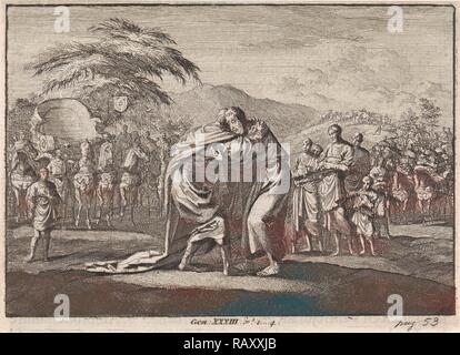 Versöhnung von Jakob und Esau, Jan Luyken, Pieter Mortier, 1703 - 1762. Neuerfundene durch Gibon. Klassische Kunst mit einem Neuerfundene Stockfoto