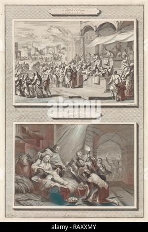 Volkszählung in Bethlehem und die Anbetung der Hirten, Jan Luyken, Jacobus Täufer, Pieter Mortier, 1700. Neuerfundene Stockfoto