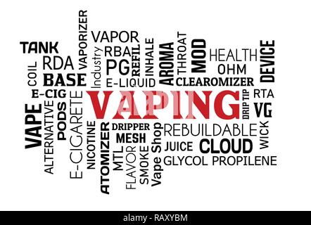 Vaping Wort cloud Konzept auf weißem Hintergrund, Vector Illustration Stock Vektor