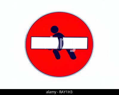 Runde Stoppschild mit Mann Bewegen schwerer Arbeit laden. Lustig. Stockfoto
