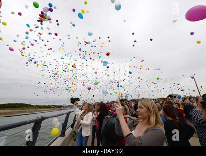 Menschen versammeln sich an der Mündung des Flusses Arun Tribut an die 11 Menschen im Shoreham Flugzeugkatastrophe getötet zu bezahlen. Wo: Littlehampton, Großbritannien Wann: 29 Aug 2015 Quelle: Steve Finn/WANN Stockfoto