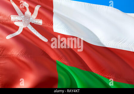 Oman Flagge. 3D-Wehende Flagge Design. Das nationale Symbol von Oman, 3D-Rendering. Nationale Farben und Nationalflagge von Oman für einen Hintergrund. Mittlerer Osten s Stockfoto