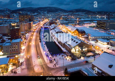 Wahrzeichen von Otaru Stadt in der Nacht Stockfoto