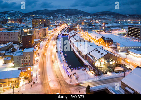 Wahrzeichen von Otaru Stadt in der Nacht Stockfoto