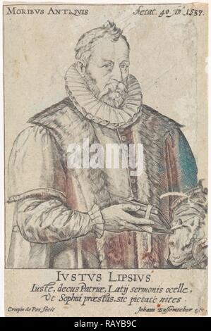 Portrait von Justus Lipsius, Crispijn van de Passe (I), Hendrick Goltzius, Johann Bussemacher, 1587. Neuerfundene Stockfoto