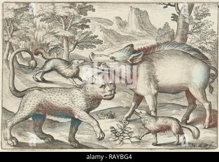 Leopard, Eber, und zwei Hunde, Nicolaes de Bruyn, 1594. Neuerfundene durch Gibon. Klassische Kunst mit einem modernen Touch neuerfundene Stockfoto