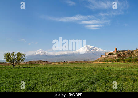 Khor Virap, armenisch-orthodoxen religiösen Komplex mit dem Berg Ararat im Hintergrund, in der ARTASHAT, Armenien. Stockfoto