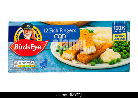 Paket der Birds Eye Fischstäbchen Cod - Birds Fischstäbchen mit 100% kabeljaufilet neue knusprig golden Crumb gemacht Stockfoto