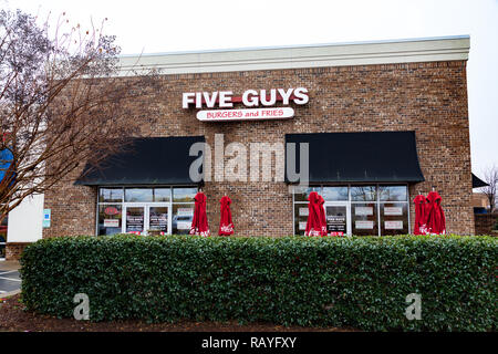 HICKORY, NC, USA-1/3/19: fünf Jungs ist eine US-amerikanische Fast-Food-Restaurant Kette, in Lorton, VA gehabt. Mit über 1500 Standorten, viele konzessionierte. Stockfoto