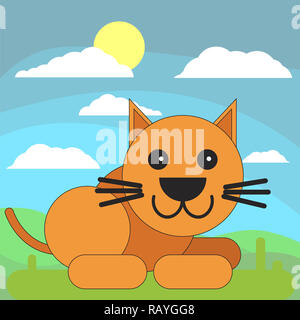 Katze im Cartoon Flat Style auf dem Hintergrund der Wiesen, Sonne und Wolken. Abbildung auf weißen Hintergrund. Stockfoto