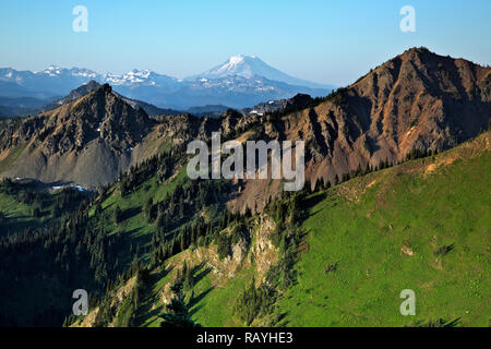 WA 15651-00 ... Blick auf Mount Adams und die Ziege Felsen von der Spitze des Mount Rainier Gondel im Crystal Mountain Resort. Stockfoto