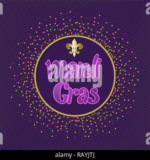 Mardi Gras Karneval Party Design. Mardi Gras violett Text mit rosa Dekoration. Festival. Fleur-de-Lis Lilie, Symbol für Masquerade Karneval. Vektor Stock Vektor