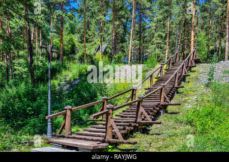 Wanderweg der Gesundheit mit hölzernen Treppe, die zu dem Hügel. Сlean gesunde Luft der Kiefern Grove gesättigt mit Ozon. Pinienwald im Altai Berg Stockfoto