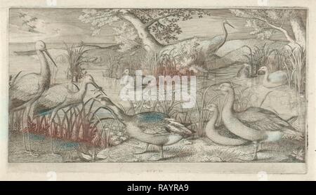 Wasservögel in einem Teich, Jan van Londerseel, 1580 - 1625. Neuerfundene durch Gibon. Klassische Kunst mit einem modernen Touch neuerfundene Stockfoto