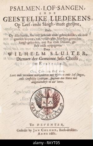 Titel der Seite: Willem Sluiter, Psalmen, Psalmen, lof-sangen, Ende geestelike liedekens, 1661. Neuerfundene Stockfoto