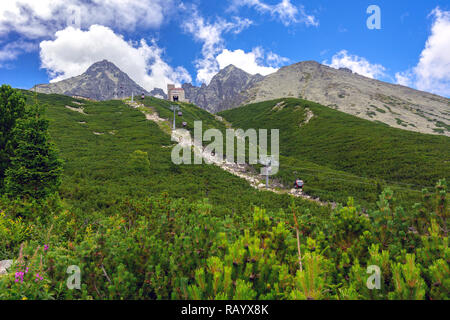 Tatranska Lomnica, Slowakei - 15. Juli 2018: Moderne Gondelbahn von Tatranska Lomnica Resort zum Bahnhof Skalnate Pleso in der hohen Tatra. Stockfoto