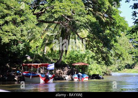 Bunte Boote am Fluss unter riesigen überhängenden Dschungel Bäume in Nicaragua Stockfoto